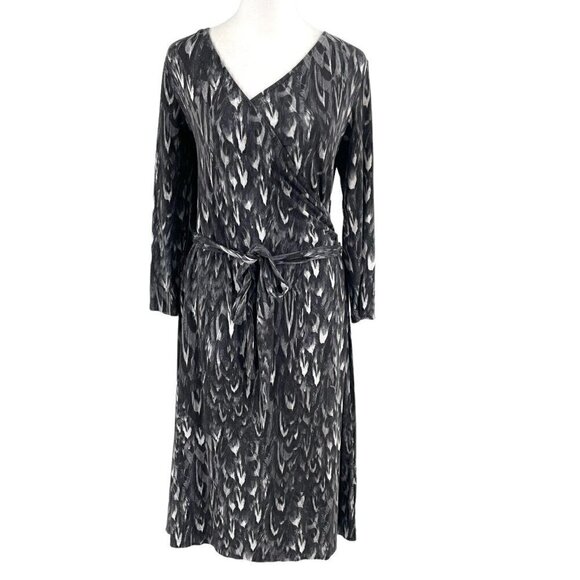 Talbots Stretch Abstract Feather Print Wrap Dress Classic Black Gray size Small - Picture 1 of 7